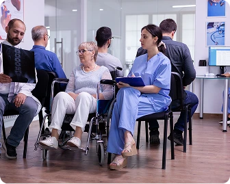 Austin Emergency Center — medical staff and patients waiting in clinic area.