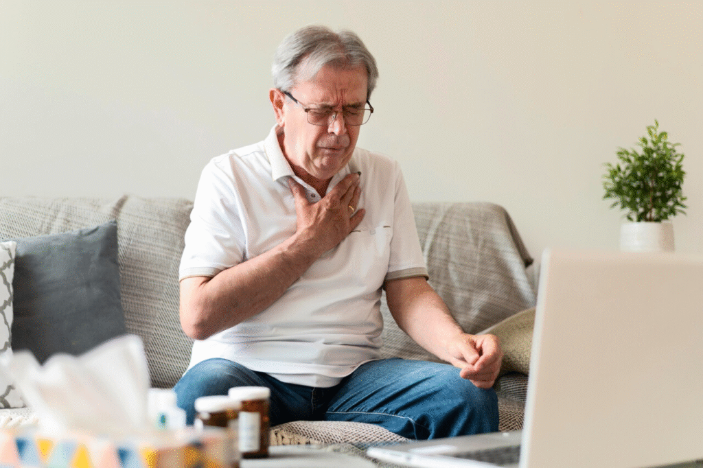 Elderly man sitting on a couch, clutching his chest with a pained expression, possibly experiencing chest pain or difficulty breathing, near medication bottles.