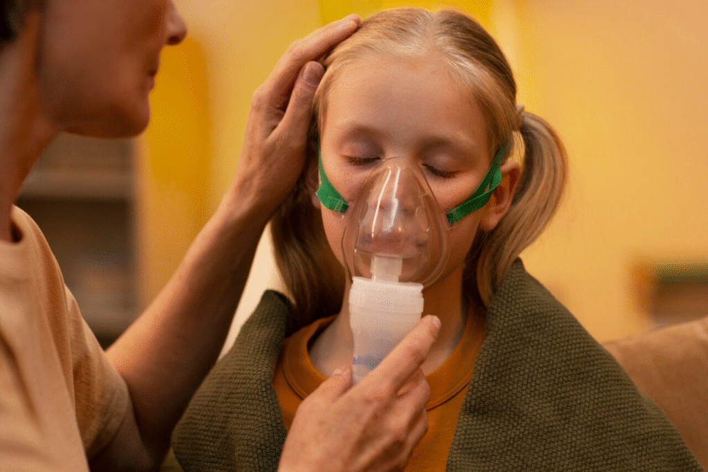A woman assists a little girl with an inhaler, providing care and support for her respiratory needs