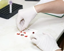 Gloved hands performing a blood test on a white surface using a sample card.