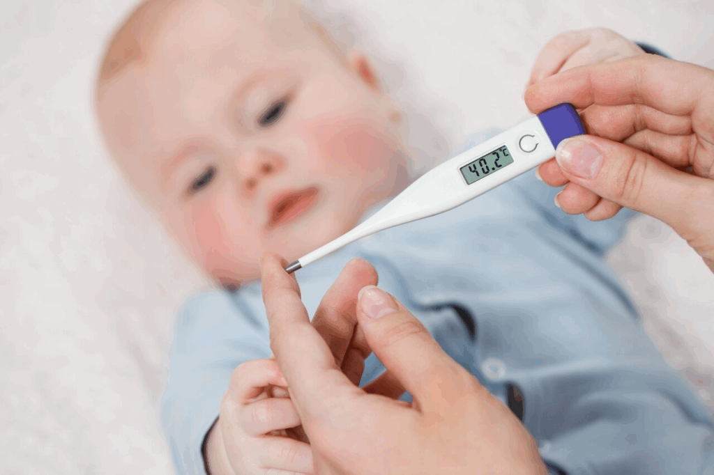 A caregiver checks a baby's temperature using an electronic thermometer, ensuring the child's health and Fever