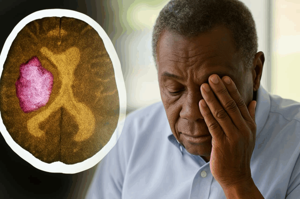 Elderly man holding his head in discomfort with a brain scan showing the affected area, representing symptoms and effects of a mini stroke