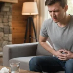 Man holding stomach from dehydration-caused diarrhea pain.