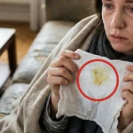Woman holding tissue with yellow mucus highlighted.