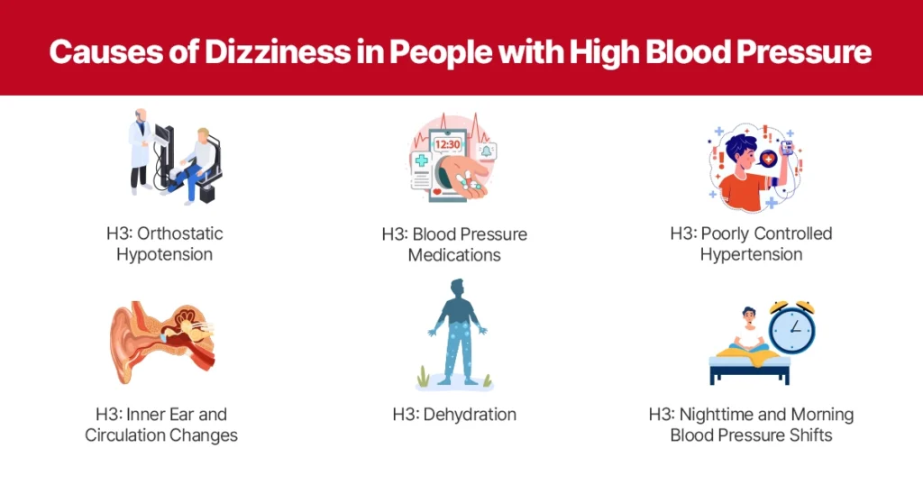 Infographic showing common causes of dizziness in people with high blood pressure.