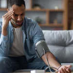 Man sitting on a sofa measuring blood pressure at home, looking stressed and dizzy.