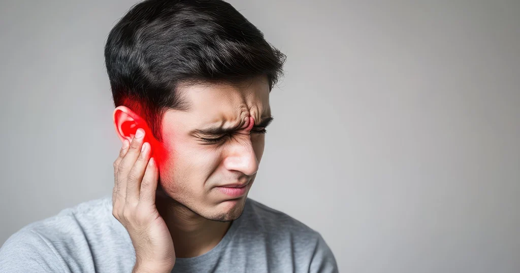 Man holding his ear in pain with a red highlight indicating earache.